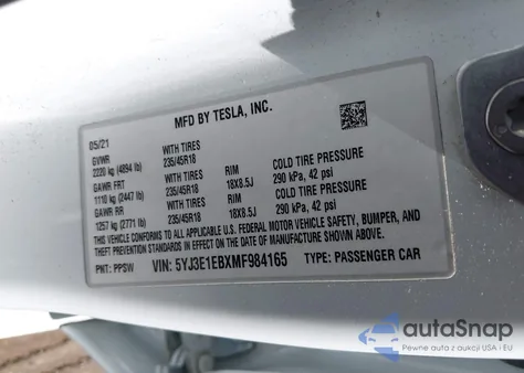 2021 Tesla Model 3 Long Range Dual Motor All-Wheel Drive из США, поврежденный, VIN 5YJ3E1EBXMF984165